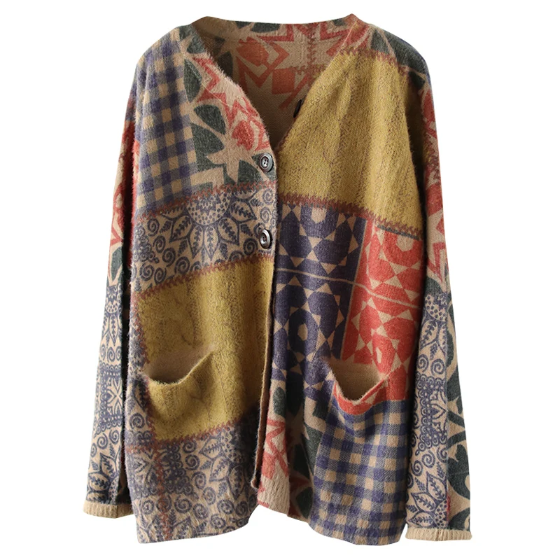 Johnature Women Print Floral Cardigan Sweaters Vintage Pockets Button 2019 Autumn New O-neck Knitted Cotton Loose Coat |