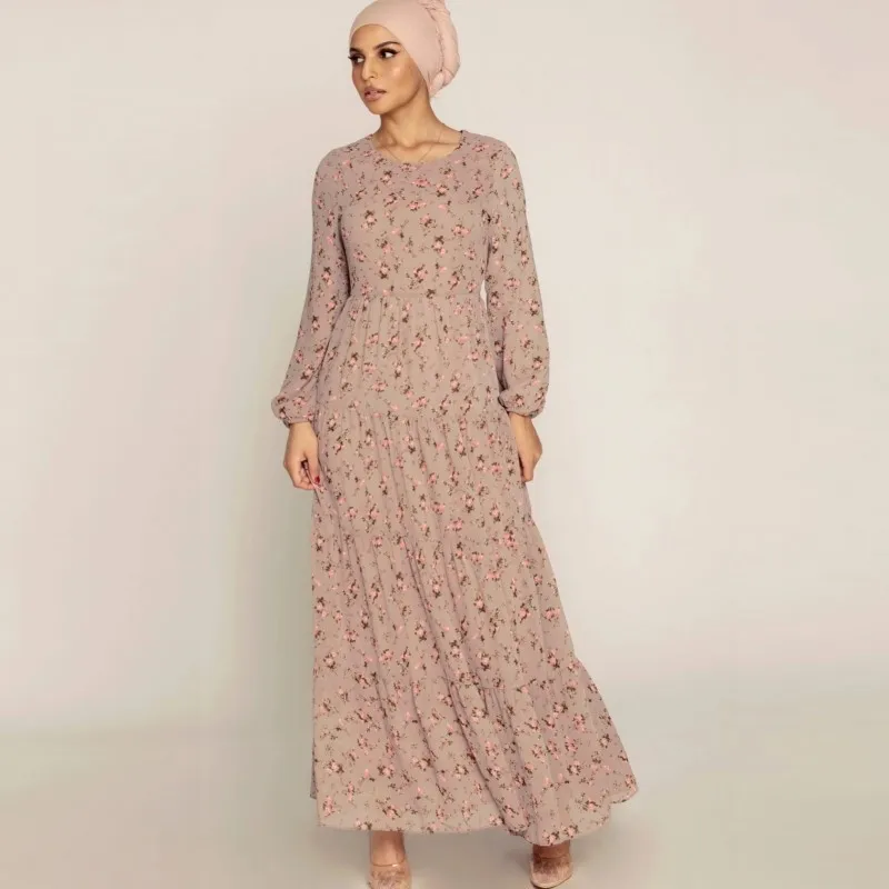 

Floral Print Muslim Dress Women Full Sleeve Ruffle Caftan Kaftan Maxi Dresses Gowns 2021 Fashion New Dubai Abaya Muslim Vestidos