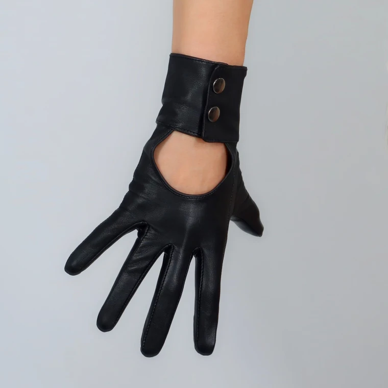 

Women's black color hollow out genuine sheepskin leather gloves female runway fashion touchscreen driving leather glove R944