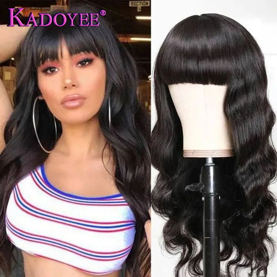 Natural Color Body Wave Human Hair Wig With Bangs Brazilian Glueless Wig With Bangs Human Hair With Fringe Wigs For Women 180%