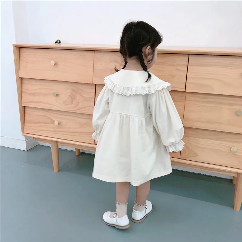 Spring Autumn 2020 cute baby girls lace turn-down collar princess dresses pure cotton soft 2 colors casual dress for kids