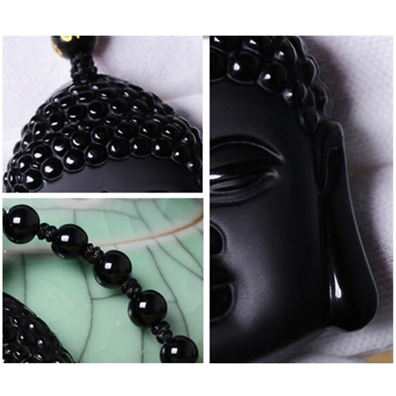 Unique Natural Black Obsidian Carved Buddha Blessing Necklace for Men Women Lucky Amulet Pendant Luck Craft Gift | Украшения и