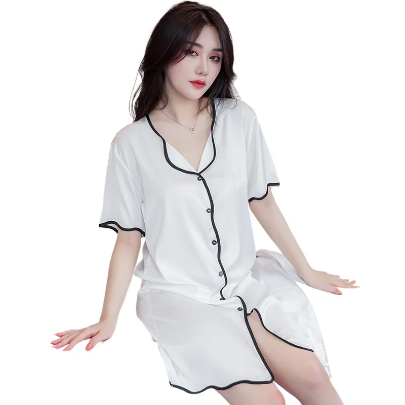 Korean Version Cardigan Nightdress Women's Summer Short Sleeve Chiffon Silk Sexy Nightgown Lovely Nightwear Home Wear Sleepwear