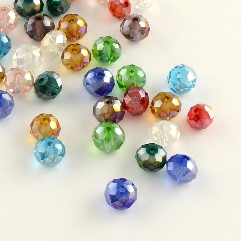 

200Pcs 4/6/8/10mm Electroplate Faceted Rondelle AB Color Plated Transparent Glass Beads, Mixed Color, 10x7mm, Hole: 1mm