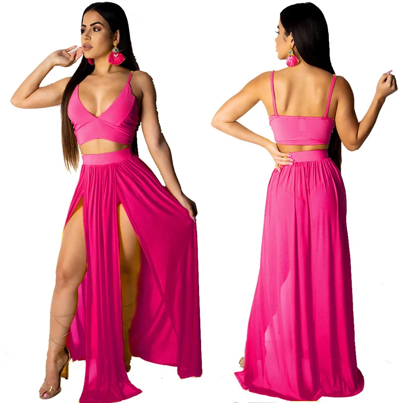 

Lucyever Sexy V Neck Beach Dress Two Pieces Sets Women Summer Solid Sleeveless Crop Tops Female Chiffon High Split Long Dresses