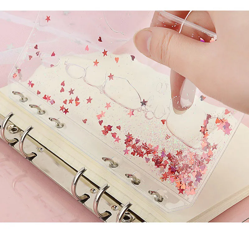 A6 Customized Pink Sequin Bag with Oil Inside Fashion 6 Hole Loose-leaf  Storage Bag for Notebook Hand Book Decor Accessories