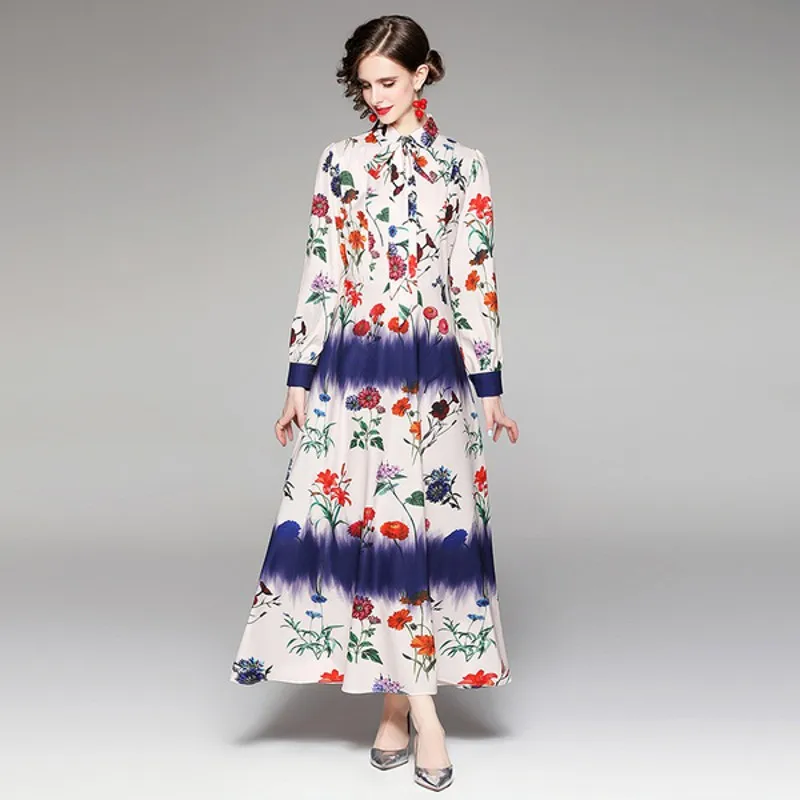

Женское платье с отложным воротником, длинное платье макси в европейском стиле с цветочным принтом и поясом, осень 2021