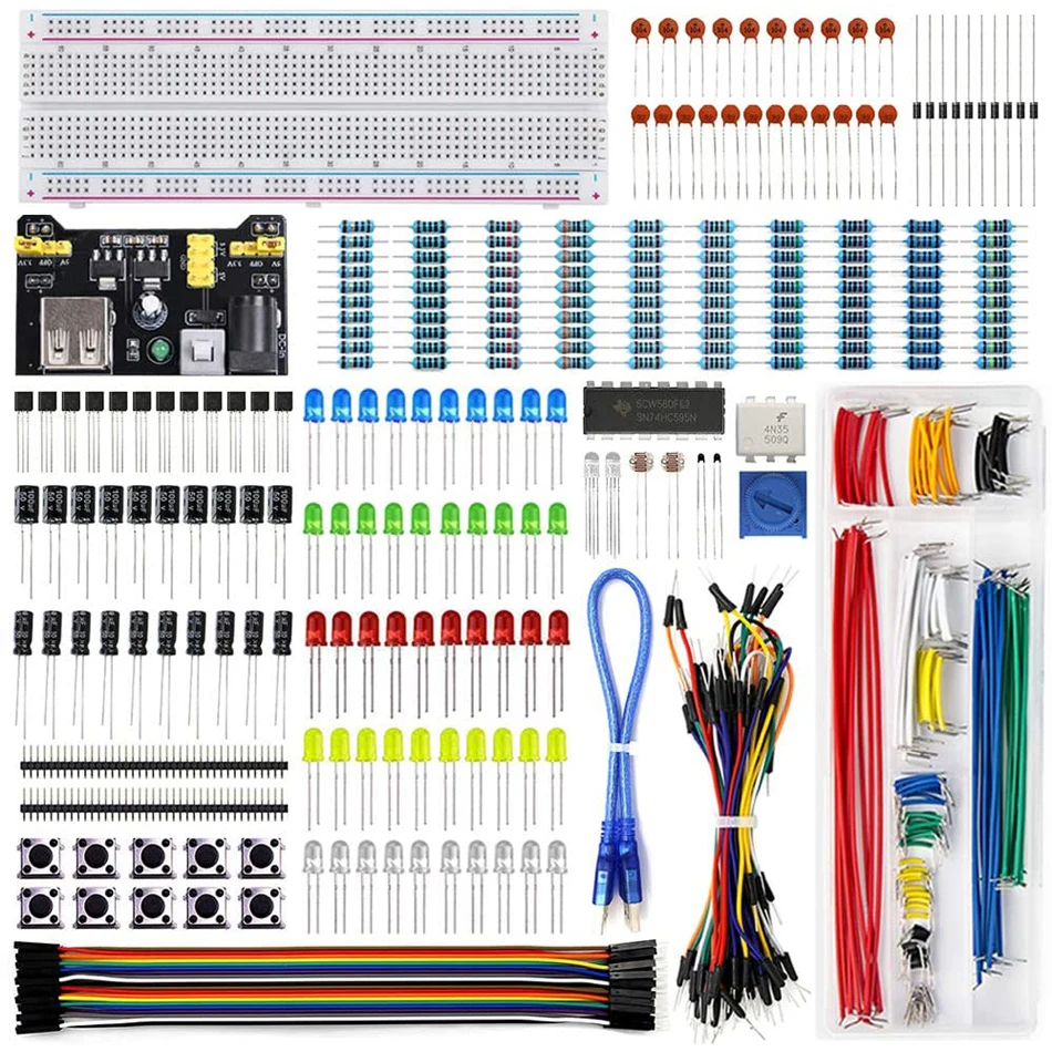 

Electronics Component Fun Kit Power Supply Module Jumper Wire 830 Pin Breadboard Precision Potentiometer Resistor for Arduino