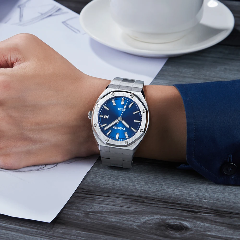 

CADISEN Brand Luxury Mens Automatic Mechanical Watches Men Sapphire 100M Waterproof Silver Stainless Steel Male Wrist Watch Blue