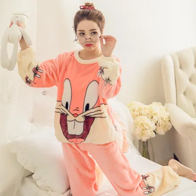 Rabbit pink Женский набор пижам Пижамы, костюм для сна, плотные брюки с длинными рукавами, женская зимняя теплая фланелевая ночная рубашка кораллового цвета с круглым вырезом, с рисунком Тоторо, животных, милая Пижама Mujer - Цвет: Rabbit pink