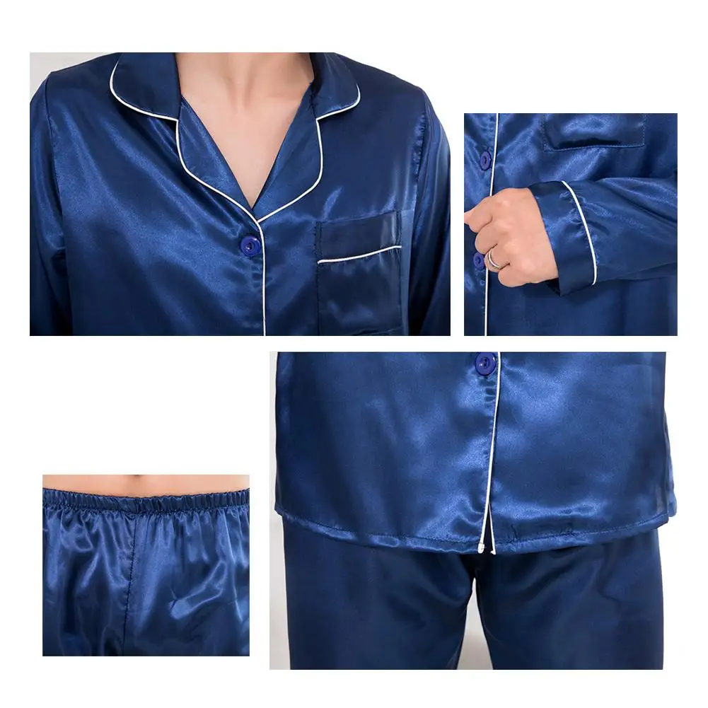 

Silk Satin Men Pajamas Set Fashion Sleepwear Couple Solid Color Long Sleeve Suit