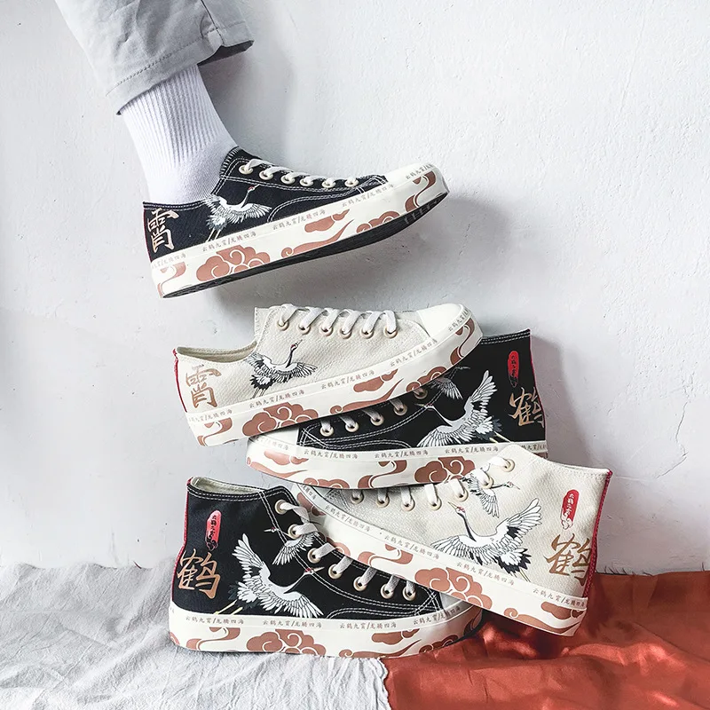 2022 High-Top Canvas Shoes Women's Shoes Chinese Style Retro Chic Sneakers Girls Gumshoes Floral Crane Female Leisure Shoe 35-40