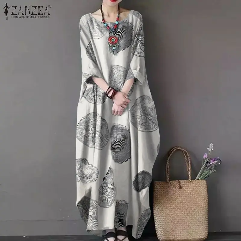 ZANZEA Women Vintage Floral Printed Dress Autumn 3/4 Sleeve Cotton Linen Sundress Kaftan Femme Loose Baggy Maxi Long Vestidos | Женская