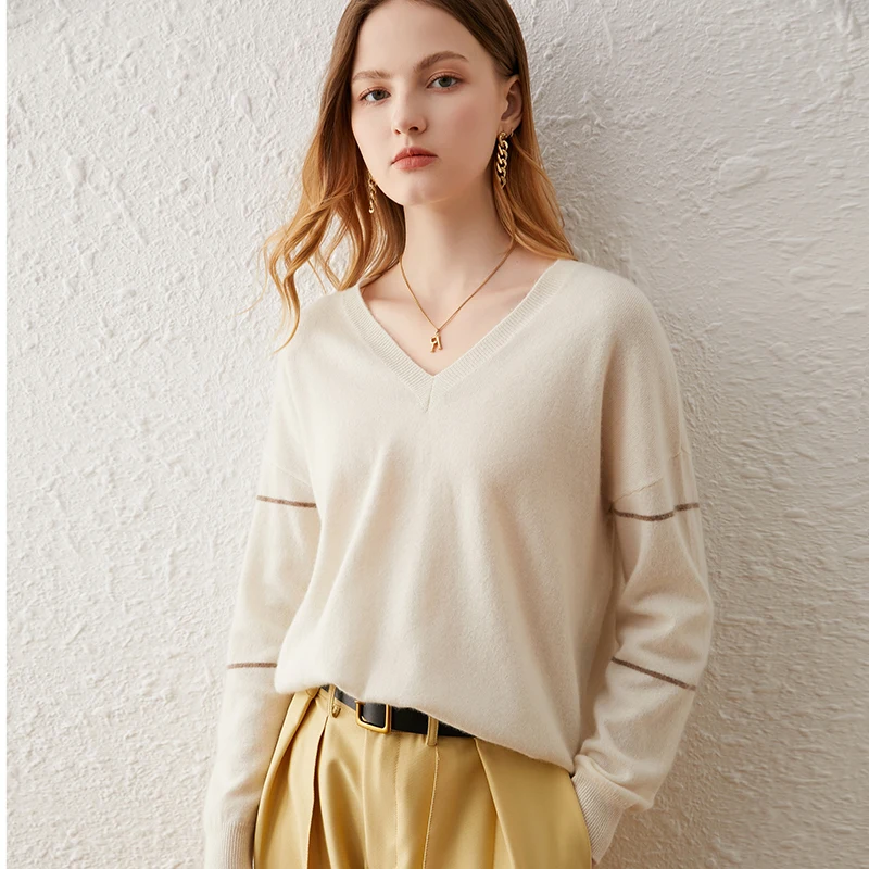 

Женский кашемировый свитер с V-образным вырезом и длинным рукавом