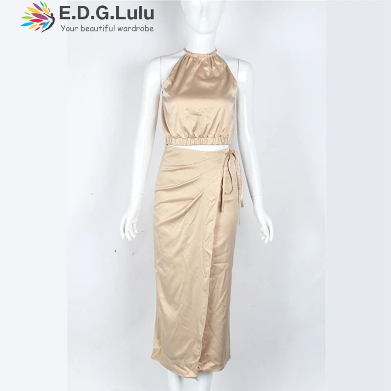 

EDGLuLu 2 Piece Sets Womens Outfits Sleeveless Crop Top And High Waist Split Lace-up Midi Skirt Two Piece Set Women Skirt 0410