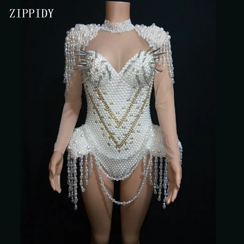 

White Luxurious Crystals Pearls Chains Bodysuit Sexy Tranparent Leotard Costume Birthday Party Tassels Costume Nightclub outfit