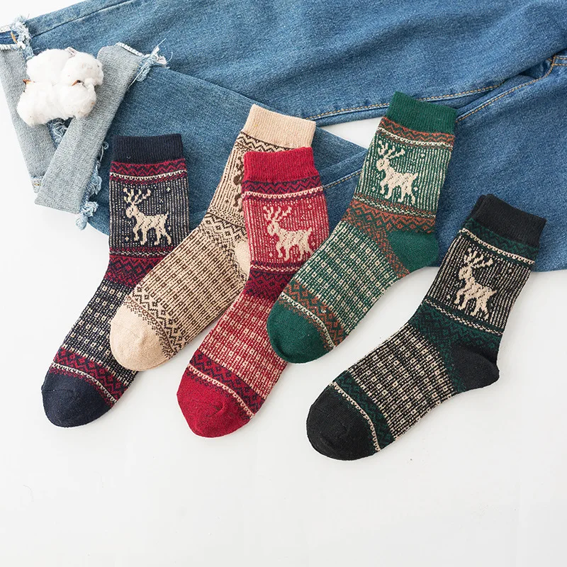 Winter Warm Thick Christmas Fawn Rabbit Wool Socks Vintage Fashion 5 Pairs Women Socks