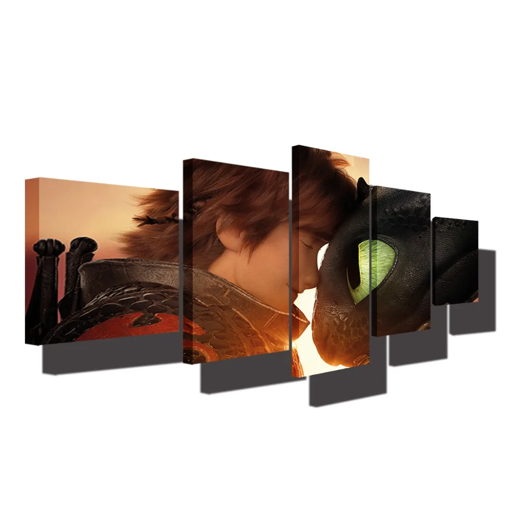 

Anime Picture Wall Art Painting Canvas 5 Panel Cartoon Movie How To Train Your Dragon Poster Toothless HD Print Home Decor Frame
