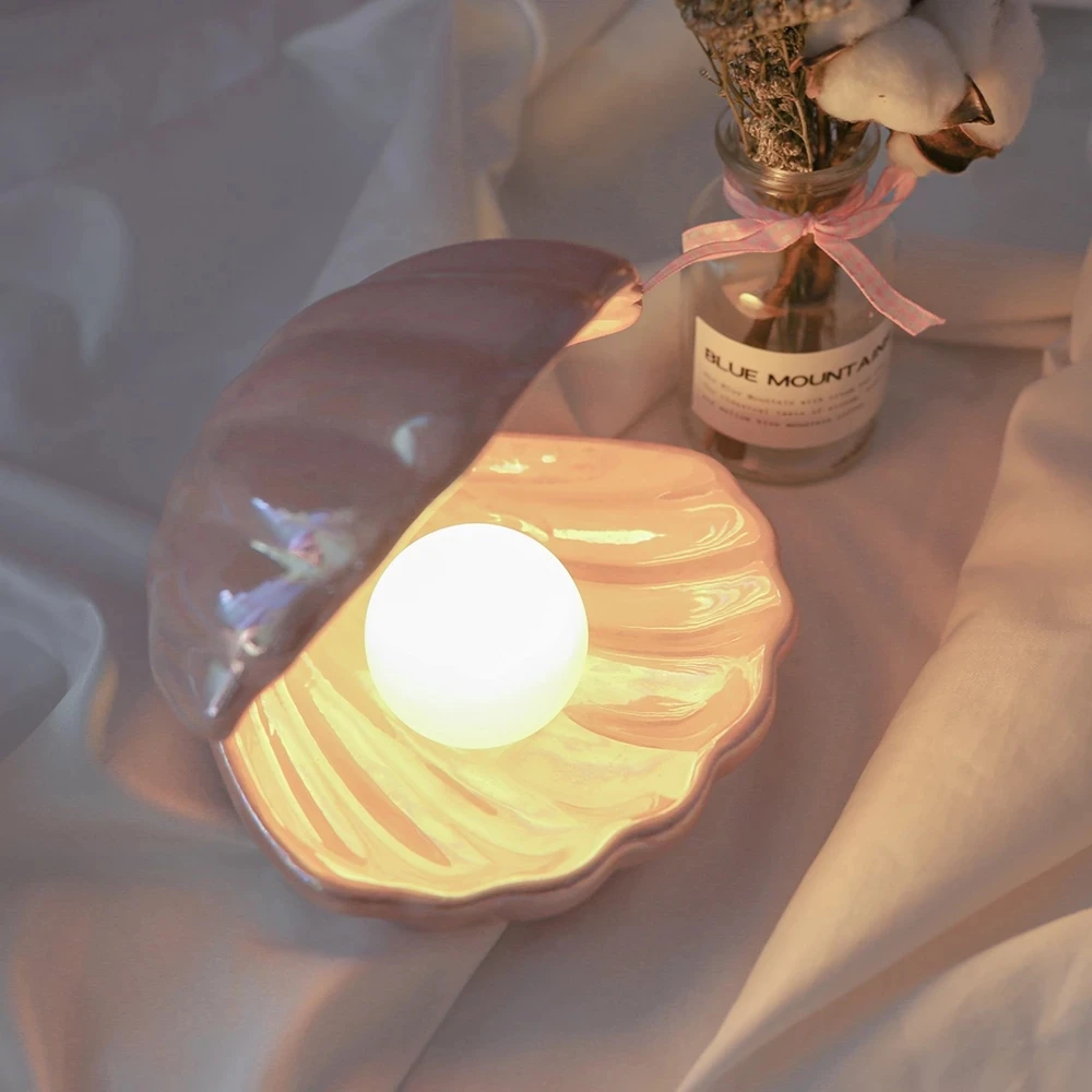 

Shell Storage Box Japanese Style Ceramic Shell Pearl Night Light Streamer Shell Night Lamp For Bedside Home Decoration Xmas Gift