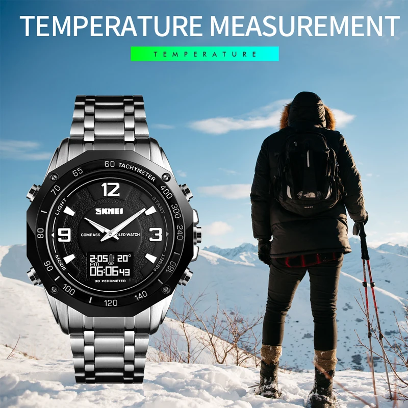 

SKMEI 3 Time Watch Men Compass Calorie Wristwatches Mens Thermometer Stopwatch Male Watches Digital Sport relogio masculino 1464