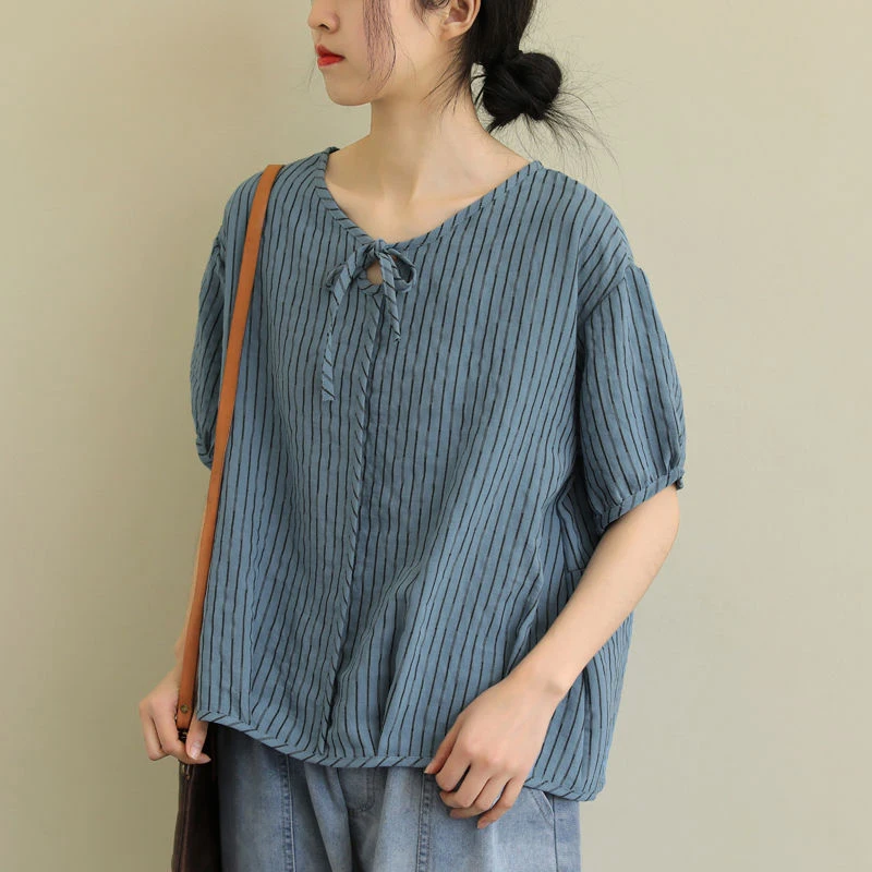 

2020 Summer New Fashion Women Short Sleeve Loose Cotton Striped Tshirt All-matched Casual Tee Shirt Femme Tops Plus Size S870