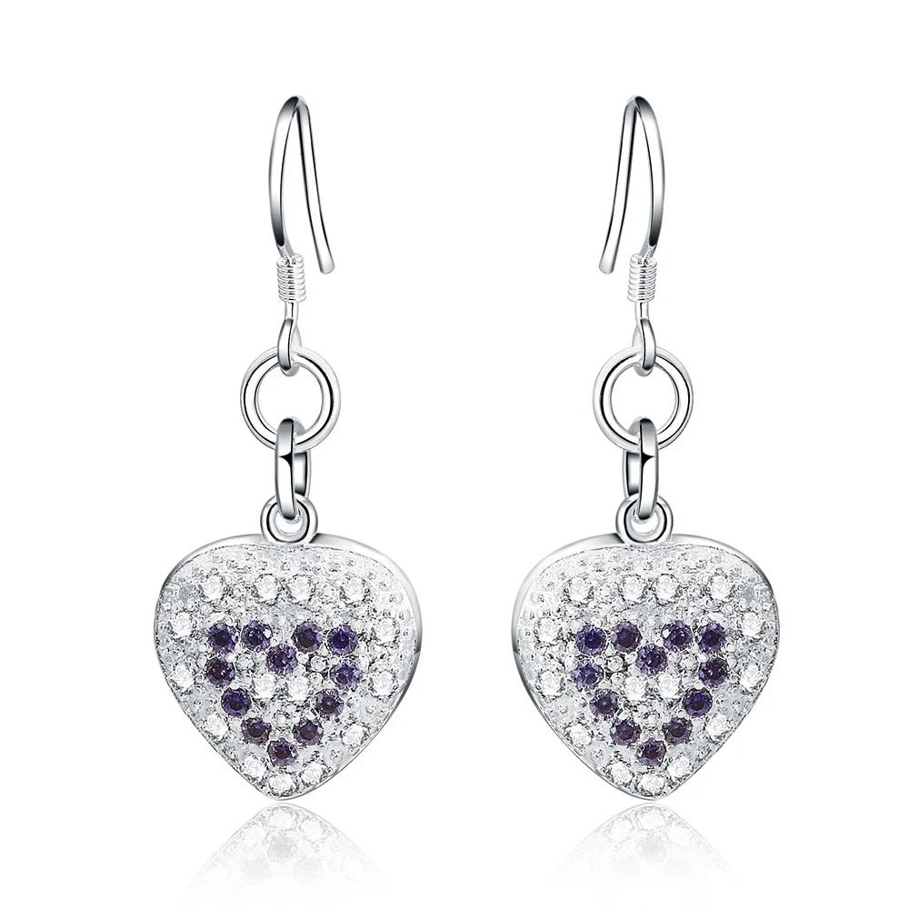 Fashion 925 Silver Earrings Zircon Crystal Heart Woman Glamour Jewelry Gift | Drop