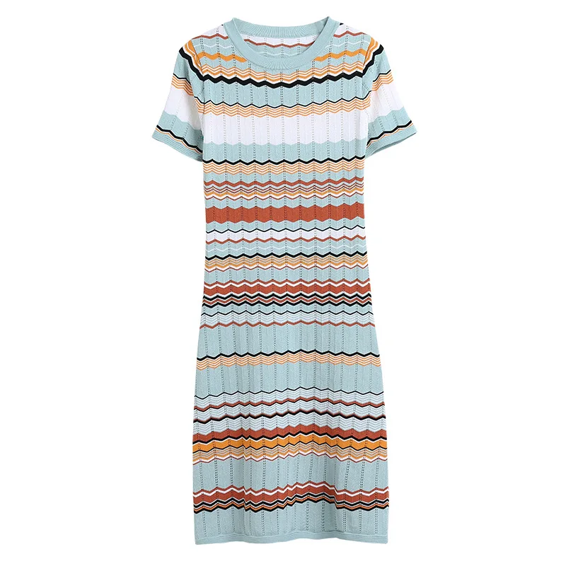 

Micosoni 2020 Summer New Gorgeous Colorful Viscose Fiber Striped A- Line Short Sleeved with Round Neck Sweater Dress One Size