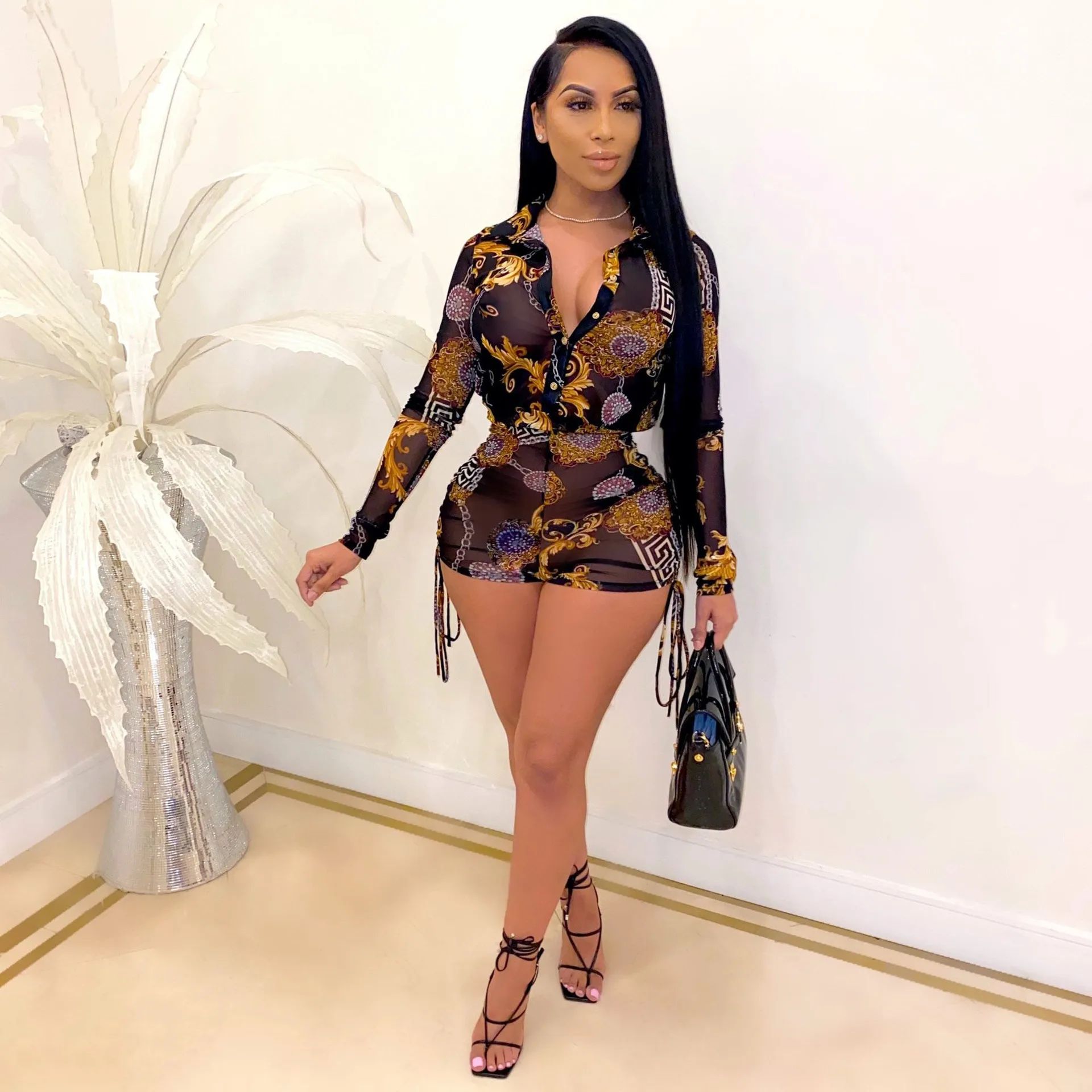 

2 Pieces Sexy Shorts Set for Women long Sleeve Crop Tops+Color Print Skinny Pants tie dye Two Piece Outfits