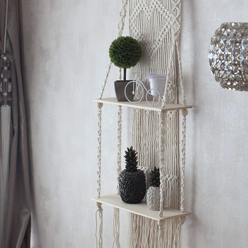 

Boho Macrame Wall Hanging Shelf 2 Tier Handmade Woven Tassel Wood Floating Shelves Wall Floating Hanger for Home Decor