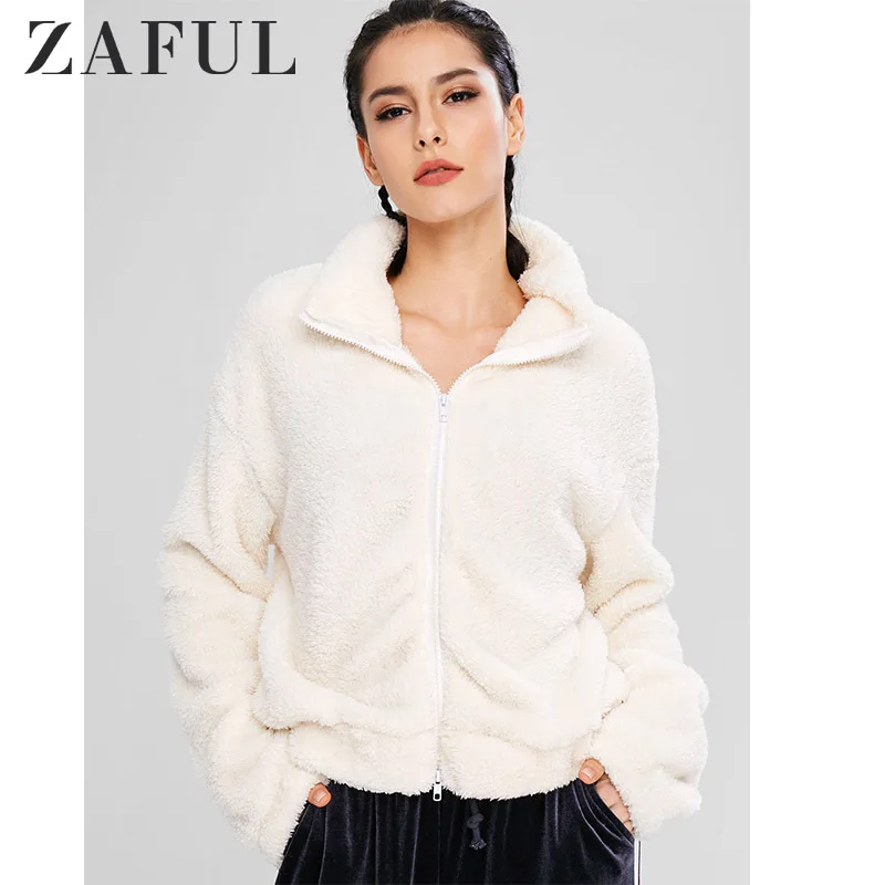 ZAFUL пушистая плюшевая куртка на молнии с заниженным плечом женские зимние теплые