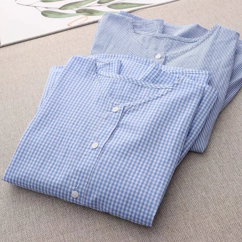 

Women 2021 Summer Plaid Cotton Shirts Korean Casual O Neck Short Sleeve Single Breasted Lacing Waist Loose Blouses Female Tops