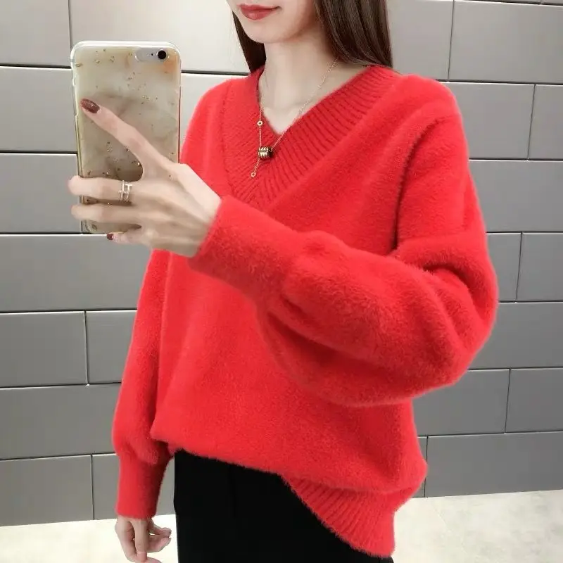 

Faux Mink Velvet V-neck Knitted Sweater Women Loose Here Simple Commuter Fashion Stretch Bottoming Sweater Pullover Femal Spring