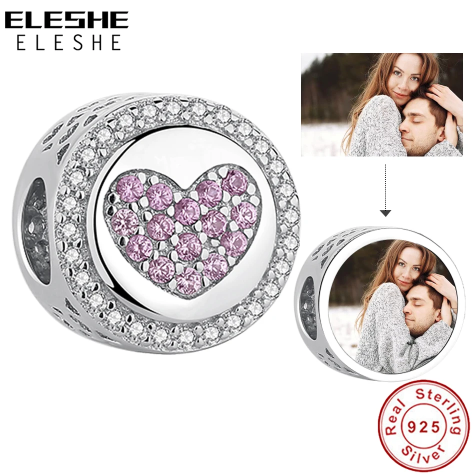 

Подлинный ELESHE 925 серебро сердце, Очаровательные бусы, розового цвета с украшением в виде кристаллов на заказ фото круглый амулет, подходят к ...