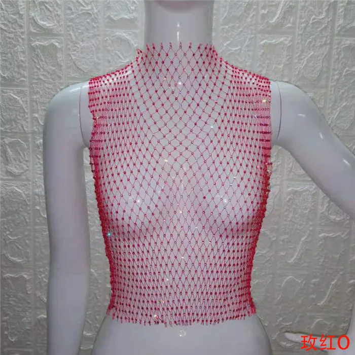 Rose red O-neck FestivalQueen Сексуальная Бриллиантовая сетка обрезанная майка женская летняя накидка бикини Прозрачная сетка со стразами вечерние клубный кроп-топ - Цвет: Rose red O-neck