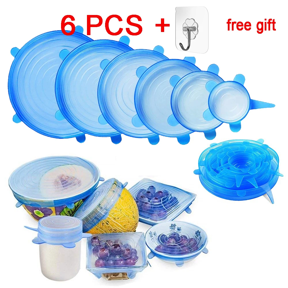 6 шт Силиконовые растягивающиеся многоразовые крышки герметичная силиконовая