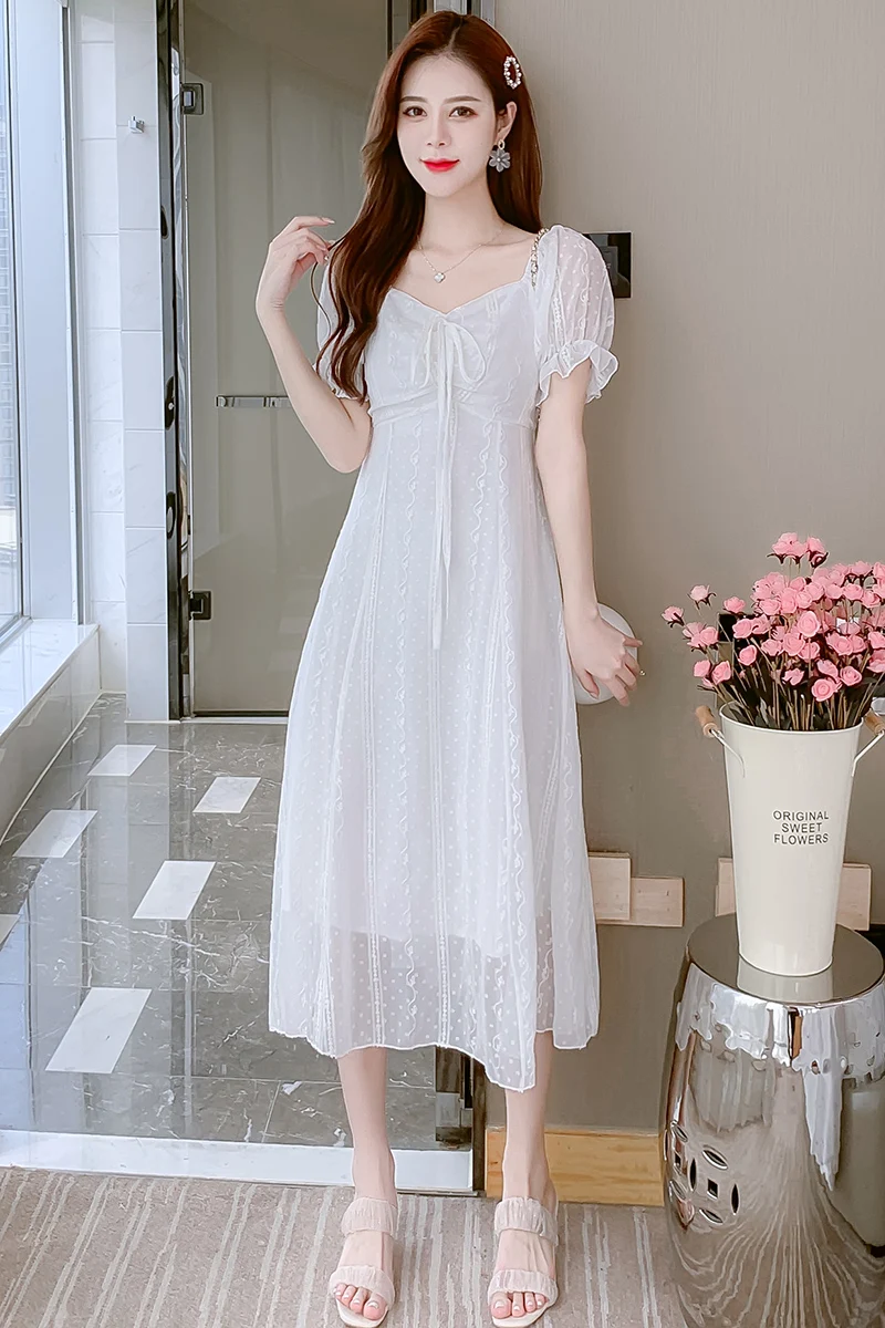 

COIGARSAM Office Lady Solid Women dress New Chiffon Embroidery High Waist Dresses White 8333