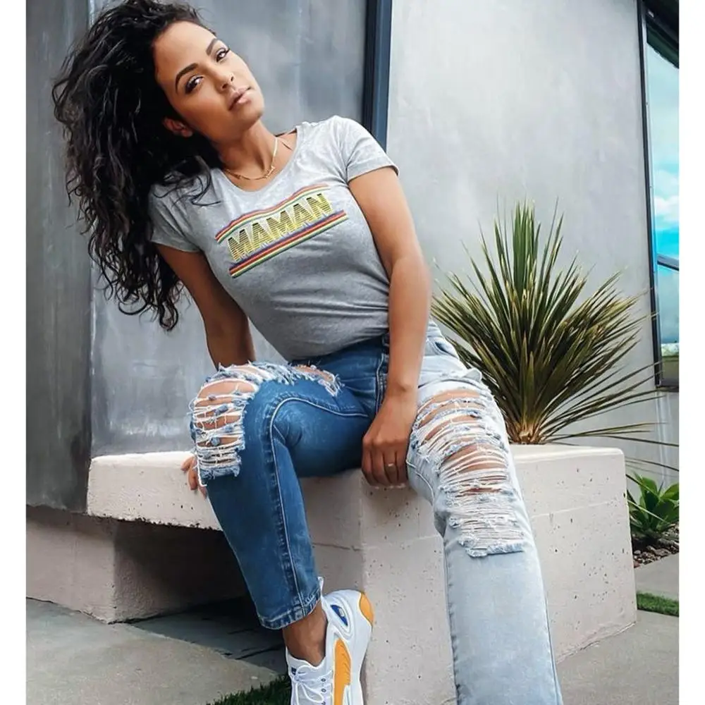

Ripped Washed Jeans Straight Casual Denim Pants Spliced Bleached Ripped Jeans for Women 2020 jean femme Pants Women