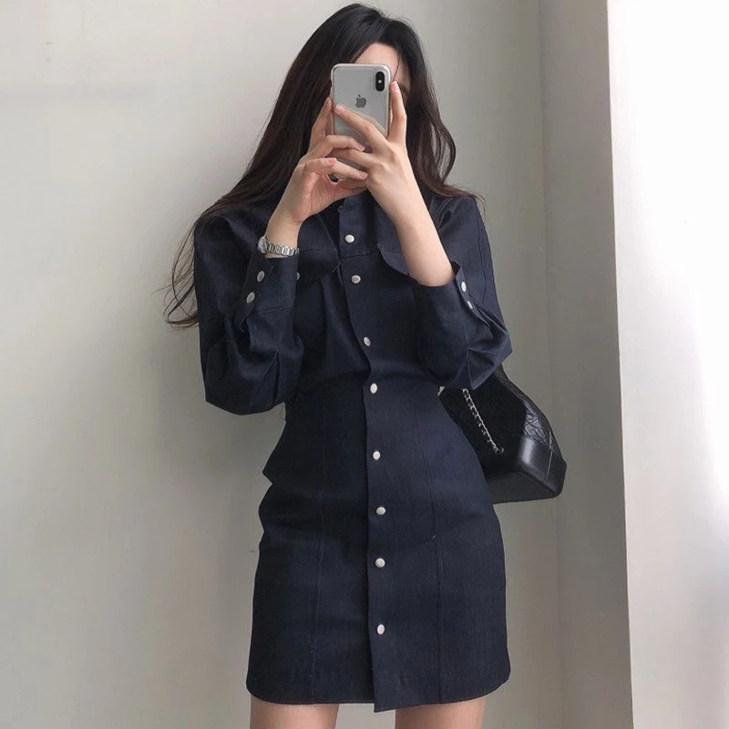 

Women Korean Fashion Elegant Shirt Dress 2021 Autumn New White Retro Lapel Single-breasted Slim Fit Long Sleeve Bag Hip Dresses