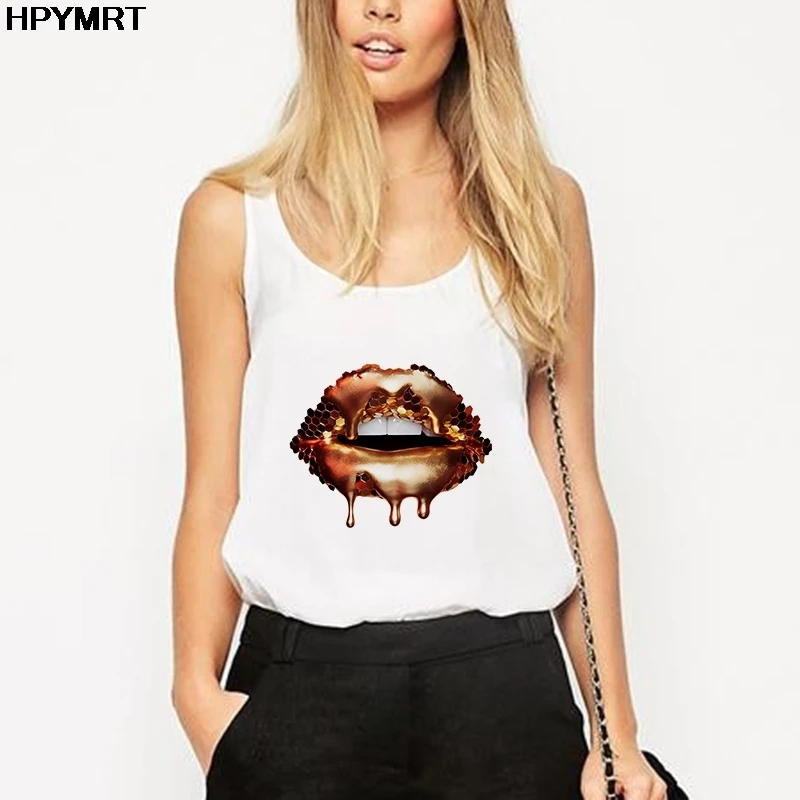 

Майка женская без рукавов, Модный повседневный топ с принтом губ в стиле Харадзюку, белый жилет с графическим принтом, на лето