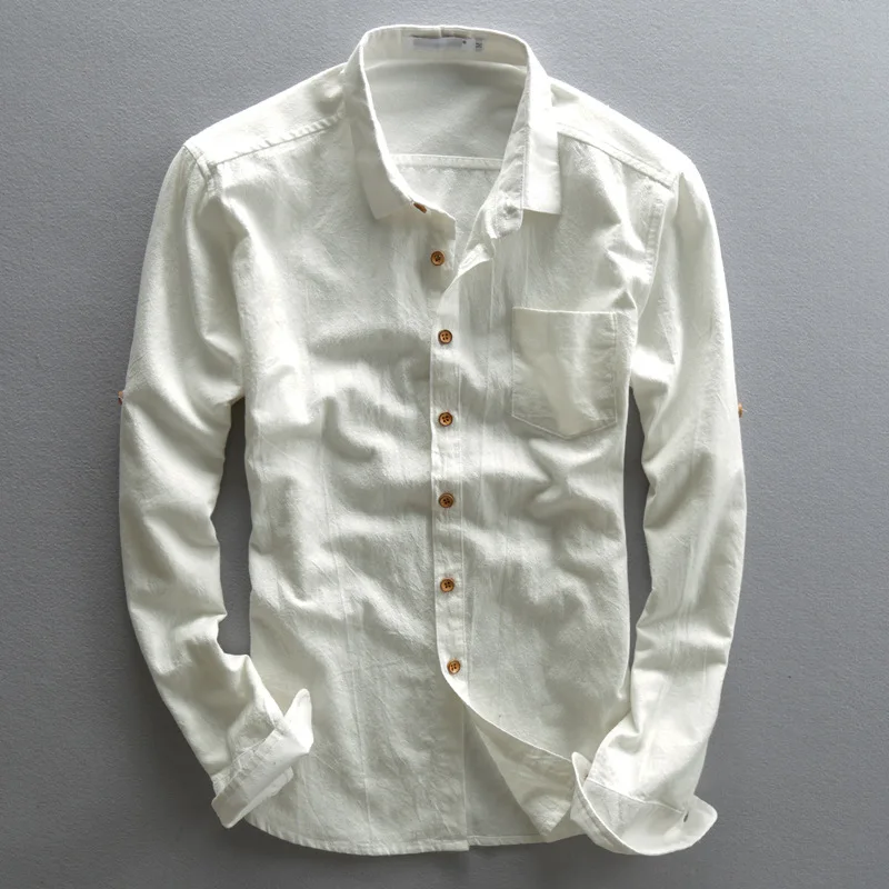 Льняные рубашки с длинным рукавом из хлопка приталенные отложным воротником
