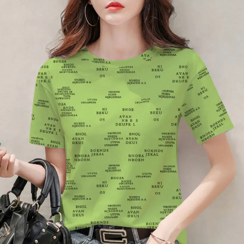 

Letters printing round collar T-shirt with short sleeves female in the summer of 2021 the new coat loose big yards