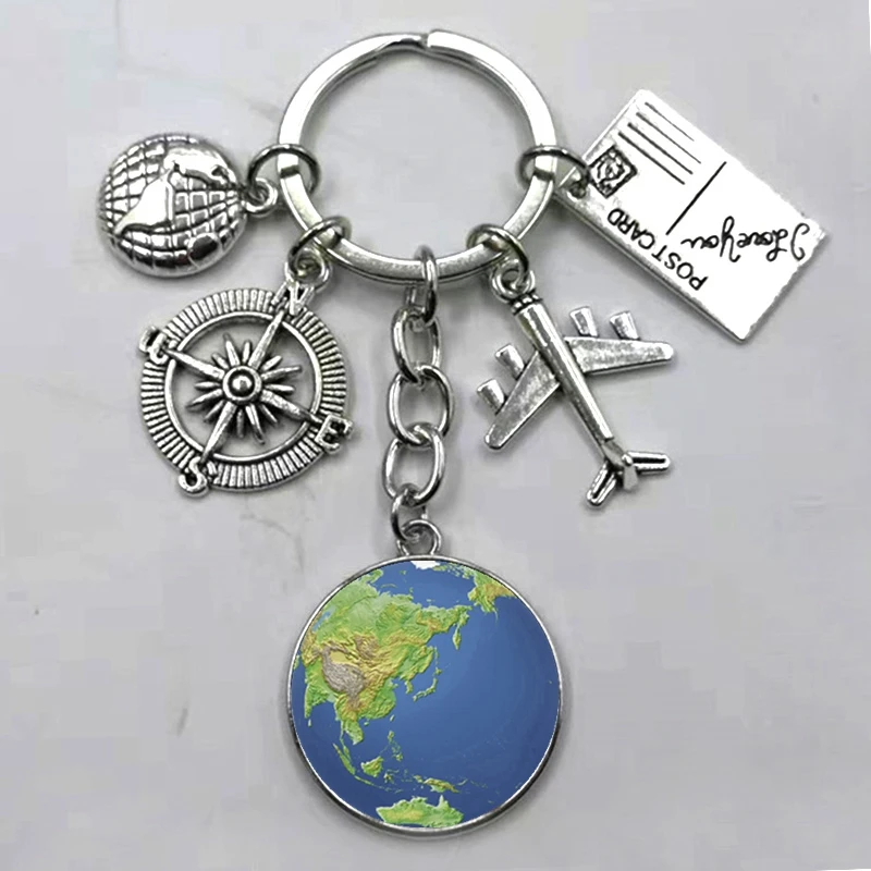 Silver Мир самолет карта брелок для путешествий открытие открыть для себя стеклянный купол Cabachon самолет карта брелок с подвесками для ключей подарок - Цвет: Silver