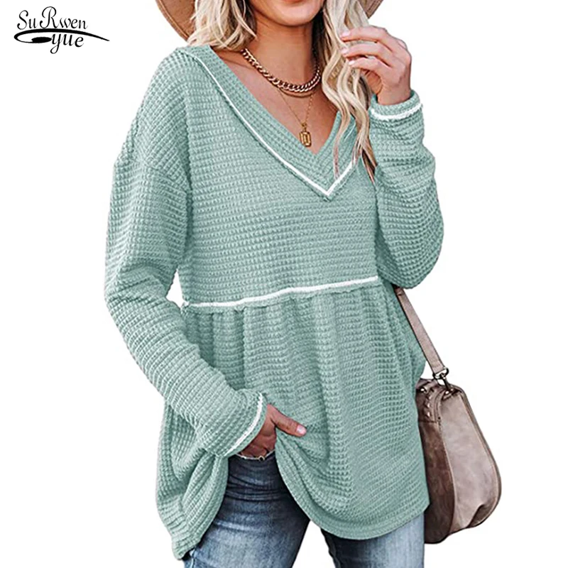 

Fashion Women Blouse Autumn Winter V-neck Pleated T-shirt Skirt Elegant Long Blouse Long Sleeve Top Women Blusa Mujer 18190