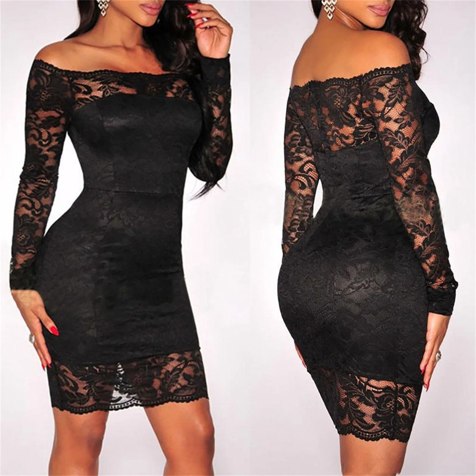 

JAYCOSIN Women Skinny Autumn Sexy Dresses Off Shoulder Lace Party Dress Long Sleeve Cocktail Mini Bodycon Dress Roupas Femininas