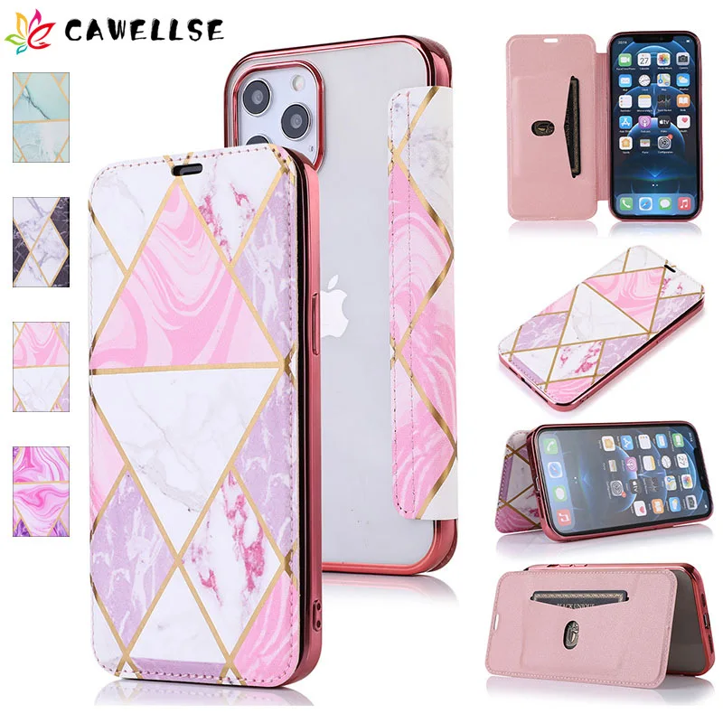 

Funda iPhone 11 12 Pro Max Mini Marble Bronzing Luxury Leather Phone Case Apple XS XR X SE 2020 8 7 6S Plus 5S Card Holder Coque
