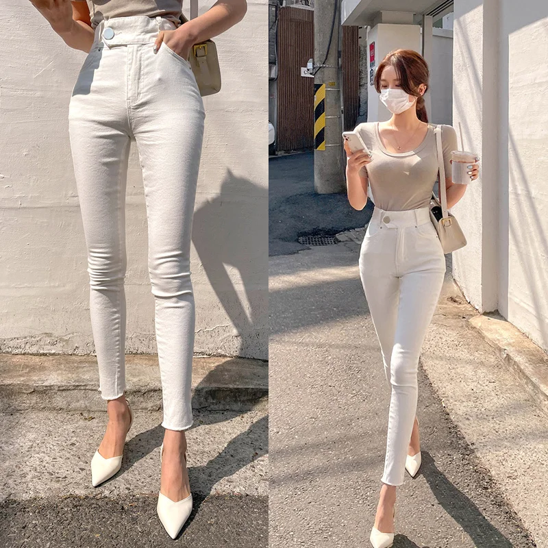 

2021 New Spring Fashion Single Button Women Solid Pencil Jeans High Waist Slim Female Skinny Stretched Denim Pants