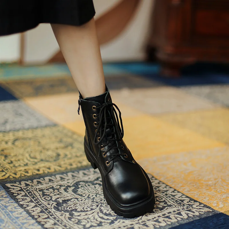 

Genuine Cow Leather Martin boots platform ankle boots British style lace-up square toe flat ankle boots Women