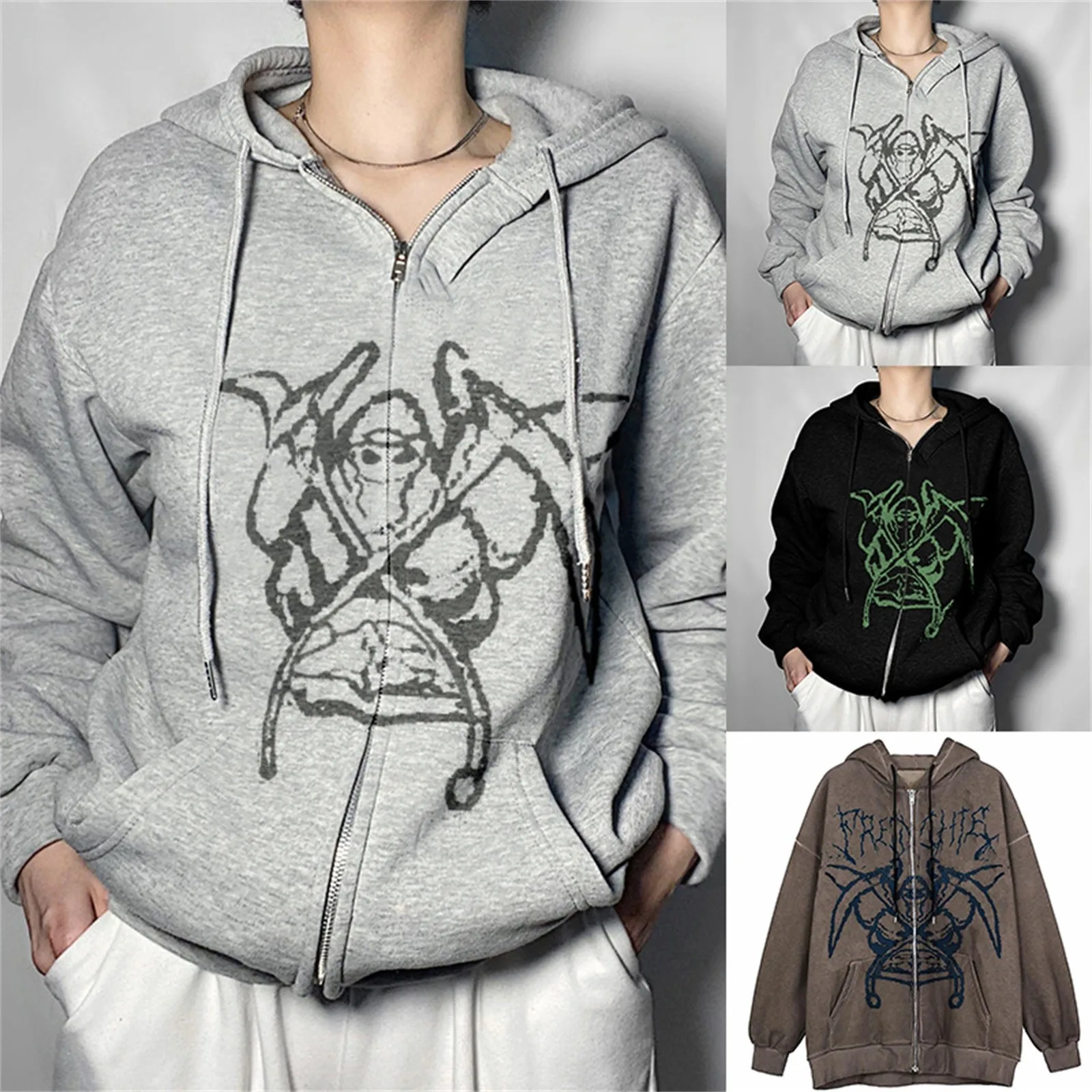 

Толстовка женская оверсайз с капюшоном, хлопковый свитшот в стиле Харадзюку, спортивный пуловер на молнии с принтом скелета, Топ с длинным р...