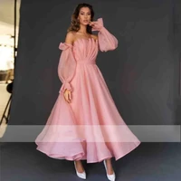 off shoulder evening dresses 2021 puff sleeve pleat design tea length female prom gowns robes de bal personnalises organza