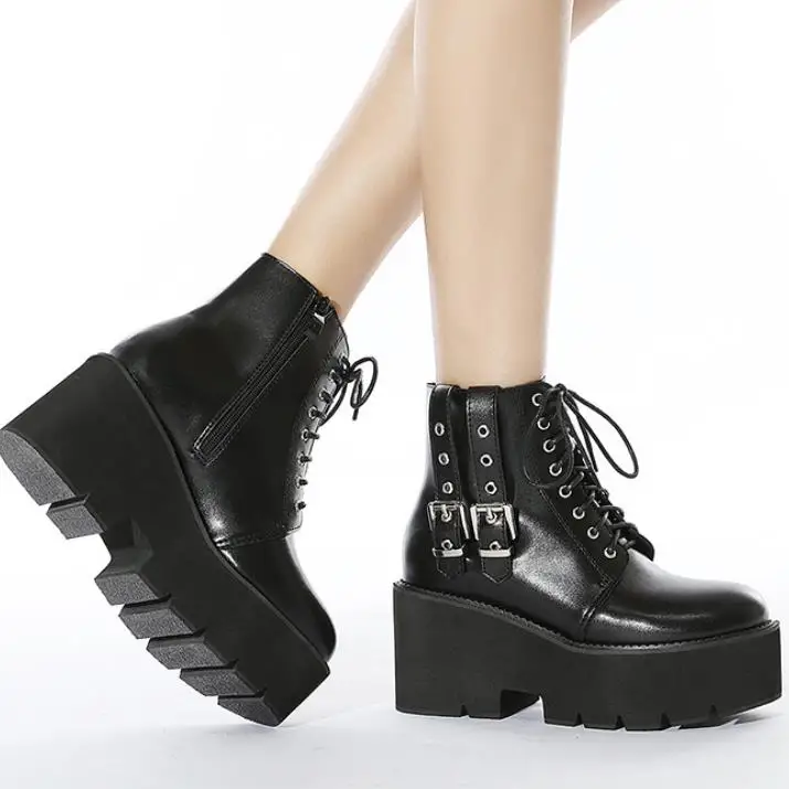 

New Autumn Winter Women's Side Zipper Front Lace-up Knight Martin Boots Thick-soled Short Boots Black Platform Boots Gothic
